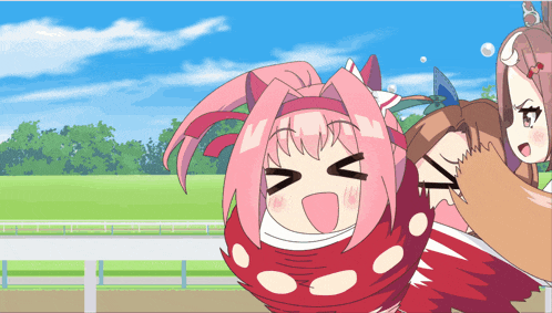 a cartoon drawing of a girl with pink hair making a face