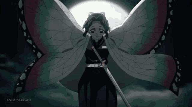 a girl with butterfly wings holding a sword