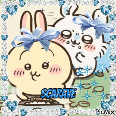 a picture of two rabbits with blue bows on their heads and the name scaraine on the bottom