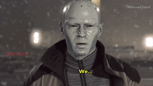 a man with a robotic head says " we " in a video game