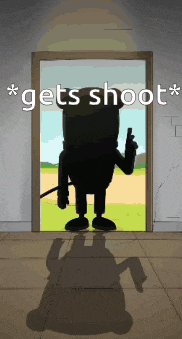 a cartoon character holding a gun in front of a door that says " gets shoot " on it