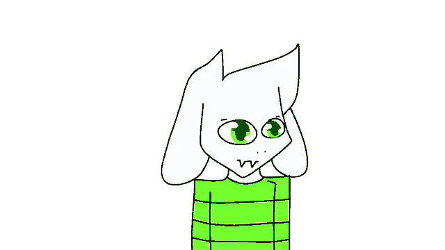 a drawing of a white rabbit with green eyes wearing a green and yellow striped shirt .