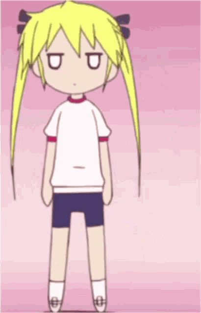 a cartoon girl with blonde hair is wearing a white shirt with a red collar