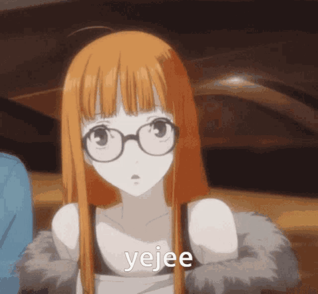 a girl with long orange hair is wearing glasses and a fur coat and says yejee