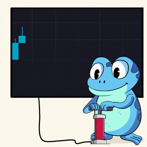 a blue frog is pumping a red object in front of a screen