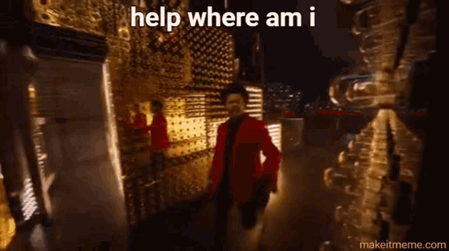 a man in a red jacket is standing in a dark room with the words help where am i