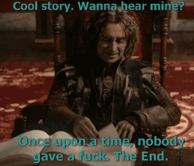a man sits in a chair reading a book with the words cool story wanna hear mine written above him