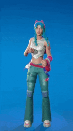 a woman with blue hair is dancing in front of a blue background .