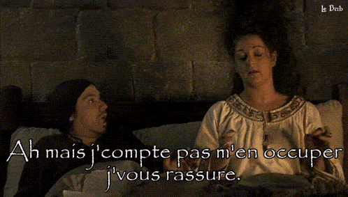 a man and a woman are sitting on a bed with the words par contre vous pouvez partir written above them
