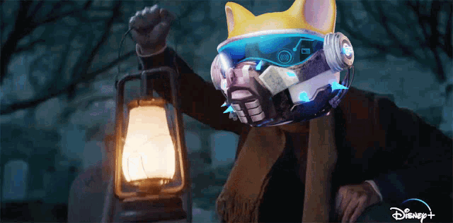 a man in a futuristic helmet is holding a lantern with the disney + logo in the corner