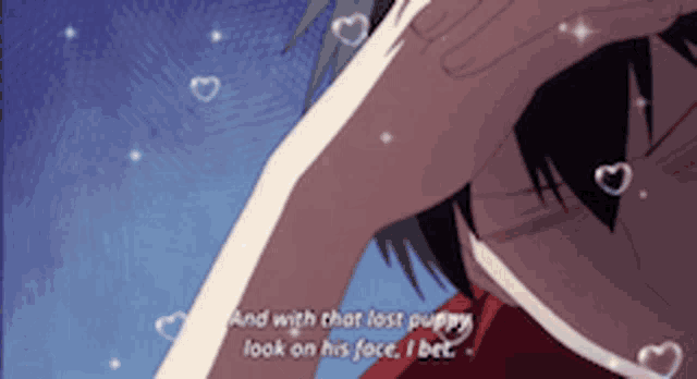 a man covering his face with his hand with the words and with that lost puppy look on his face