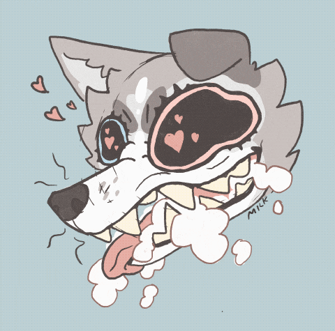 a drawing of a dog with hearts in its eyes and the name milk written below it