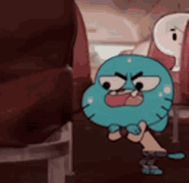 gumball from the amazing world of gumball is sitting on a chair with a speech bubble .