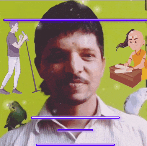 a man 's face is surrounded by cartoon characters including a man holding a microphone