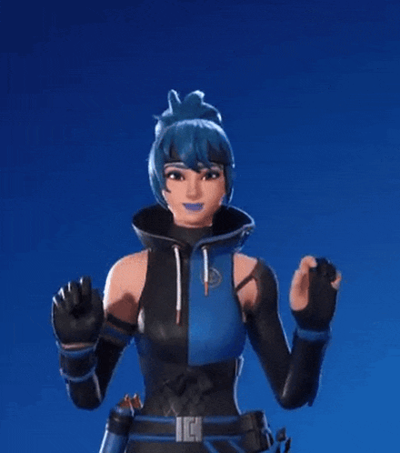 a girl with blue hair and a black and blue outfit is waving her hand in the air .