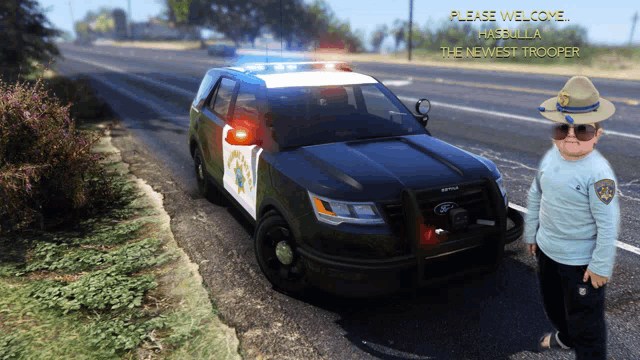 a man in a ranger hat stands in front of a police car