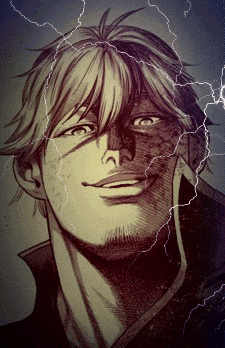 a black and white drawing of a man with lightning strikes behind him