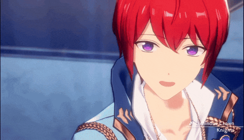 a red haired anime character with the name luminous crown knight on the bottom