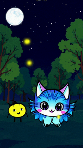 a cartoon drawing of a cat and a bee in a forest at night