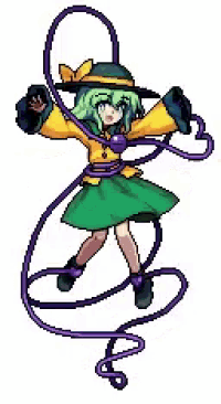 a pixel art drawing of a girl in a green dress and hat holding a purple rope .
