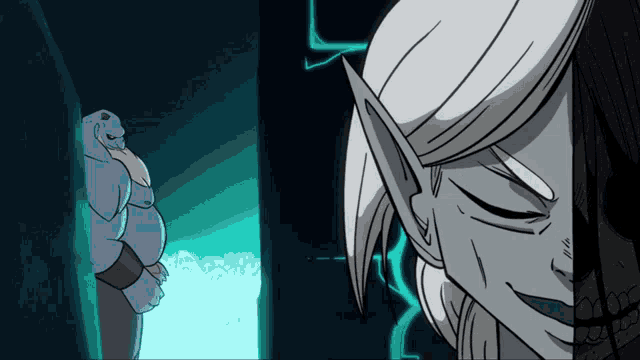 a cartoon drawing of a monster and a female elf