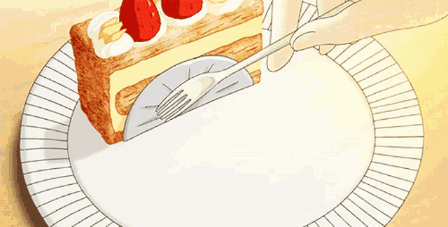 a slice of cake with whipped cream and strawberries on a paper plate