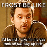 a man with a beard is sitting at a table with a meme on his face that says `` frost be like `` .