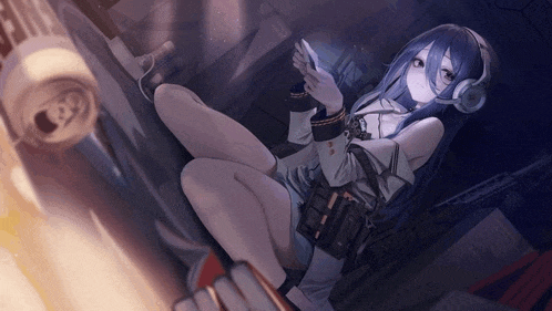 a girl with long blue hair and headphones is sitting on a skateboard and looking at her phone .