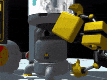 a yellow robot is standing in front of a sign that says danger