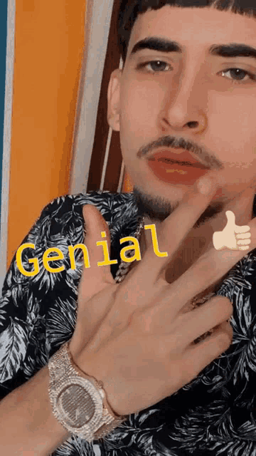a man giving a thumbs up with the word genial in yellow