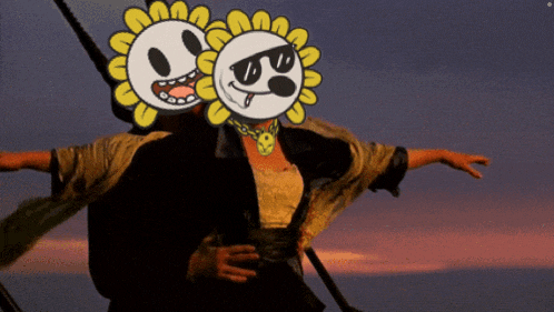 a cartoon character with sunglasses and a sunflower on his head