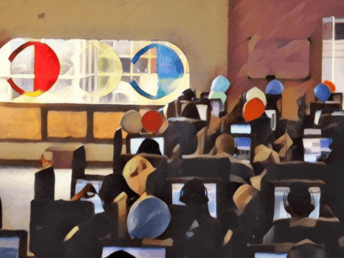 a painting of a group of people sitting in front of a google sign