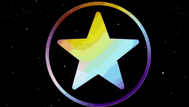 a rainbow colored star in a circle with neon lights behind it