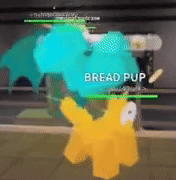 a yellow stuffed animal is standing next to a blue stuffed animal in a video game called bread pup .