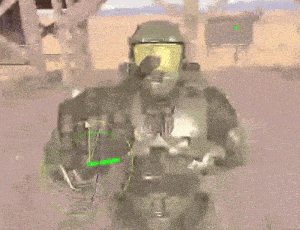 a video game character giving a thumbs up with a green circle around his hand