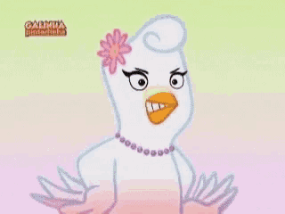 a pink cartoon bird with a flower in its hair is wearing a necklace .