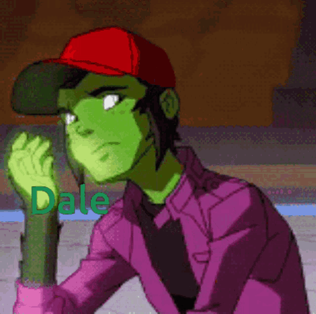 a cartoon character named dale is wearing a red hat and a pink jacket