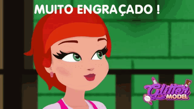 a cartoon of a girl with the words muito engracado