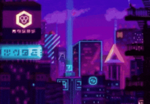 a pixel art illustration of a futuristic city at night with neon lights .