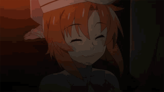 a girl with orange hair is wearing a white hat and a purple bow