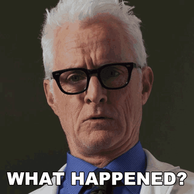 a man wearing glasses and a blue shirt has the words what happened below him