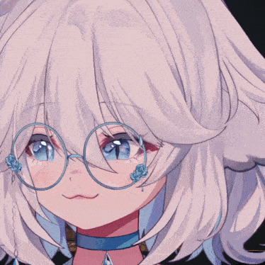 a close up of a girl with white hair and blue eyes wearing glasses