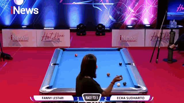a woman is playing pool with the words race to 3 on the bottom