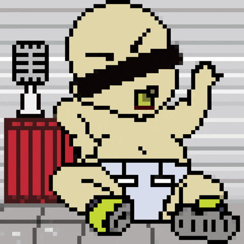 a pixel art drawing of a baby wearing a hat and sunglasses