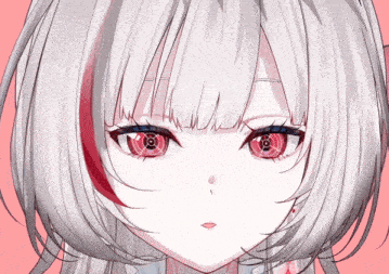 a close up of a girl with red eyes