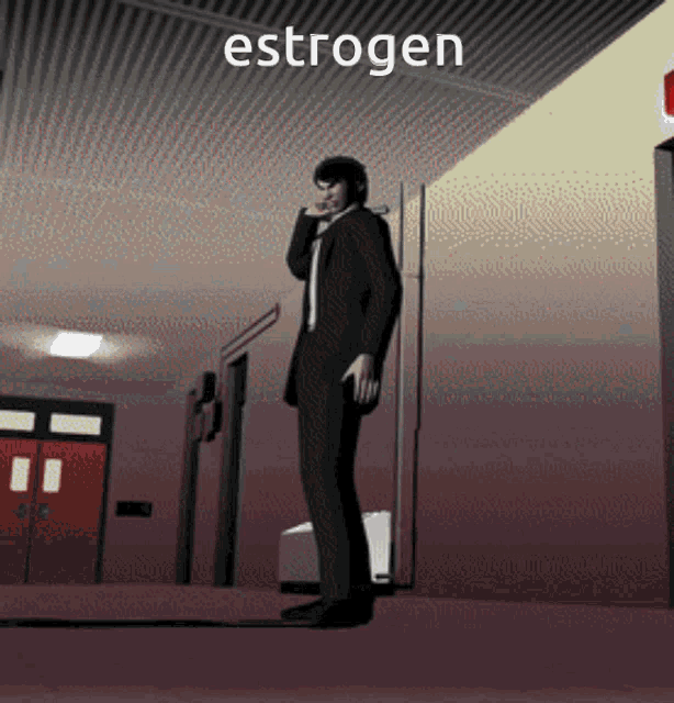 a man in a suit is standing in a hallway with the word estrogen written above him