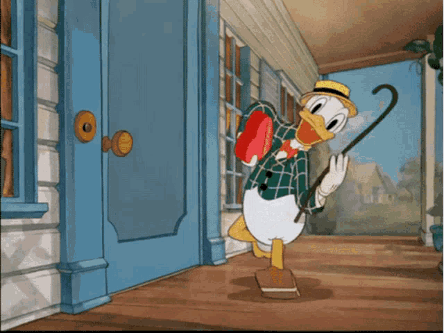 a cartoon of donald duck standing in front of a door holding a cane