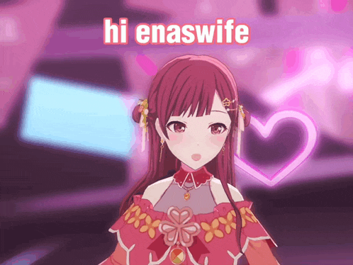 a girl in a red dress with the words hi enaswife above her head