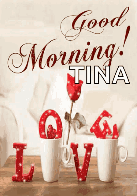 a poster that says good morning tina with a red rose