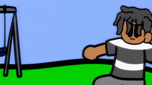 a cartoon of a boy looking at a swing set in a park